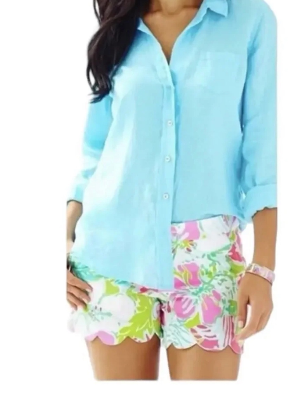 Lilly Pulitzer Ana Maria Linen Button-Down Shirt Breakkwa Blue XA